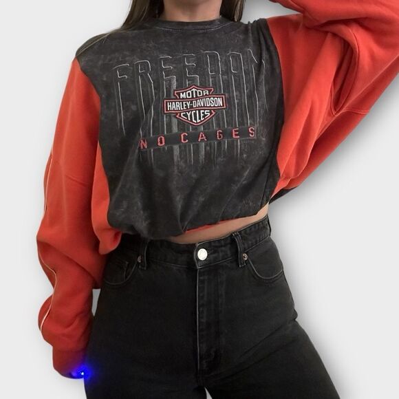 Reworked Upcycled Harley-Davidson Orange Cropped Casual Two Tone Sweatshirt - Picture 1 of 5